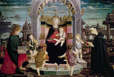 Vergine e Bambino in trono con San Giovanni Evangelista e il Beato Giacomo Bertoni da Leonardo I Scaletti